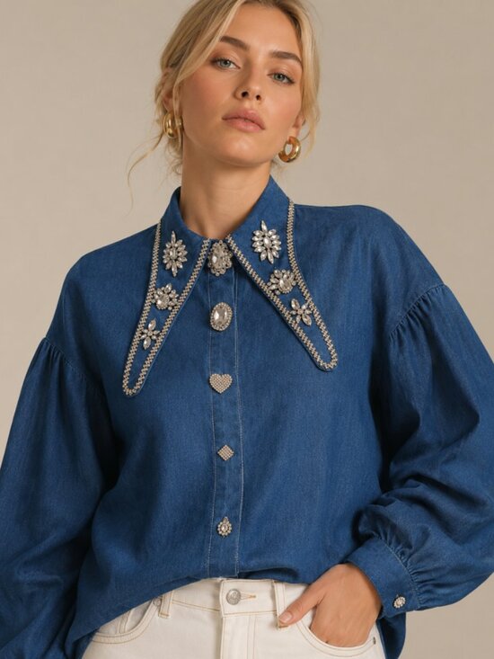 Nothing Nine Tops - Rhinestone Denim Shirt Crystal Buttons Oversize